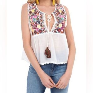 Free People Lohri Embroidered Tassel Top